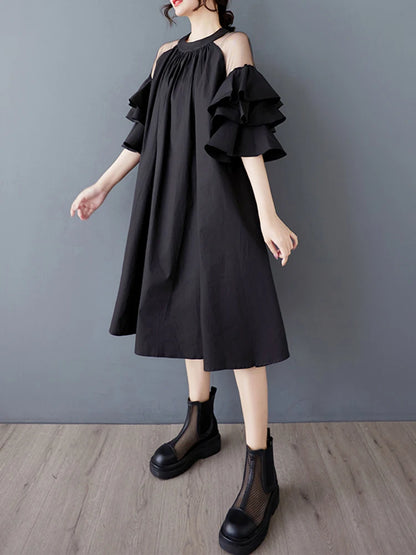 XITAO Mesh Patchwork O-neck Female Loose Dress Slimming A-line Simple Solid Color Women Temperament Elegant Dress ZMY1047