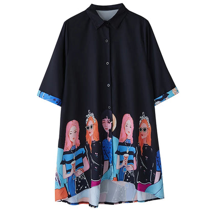 XITAO Print Single Breasted Loose Female Dress Half Sleeve Turn-down Collar Casual Cartoon Summer Women Irregular Dress ZMY1218