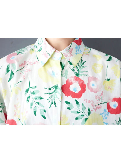 XITAO Pint Flower Single Breasted Lapel Shirt Casual Loose Fitting Batwing Sleeve Turn-down Collar Summer Women Blouse GYX1557