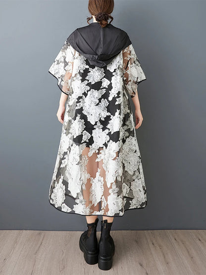 XITAO Print Patchwork Contrast Color Female Trench Hooded All-match Gauze Half Sleeve Summer Woman Cardigans Trench ZMY1257