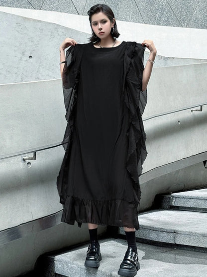XITAO Irregular Patchwork Ruffles Mesh Dress Solid Color O-neck Loose Casual Temperament Personality Summer Woman Dress ZMY1270