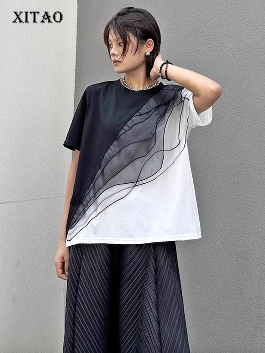XITAO Patchwork Contrast Color Mesh T-Shirt Casual Loose Fitting O-neck Short Sleeve New Pullover Summer Women Top GYX1667