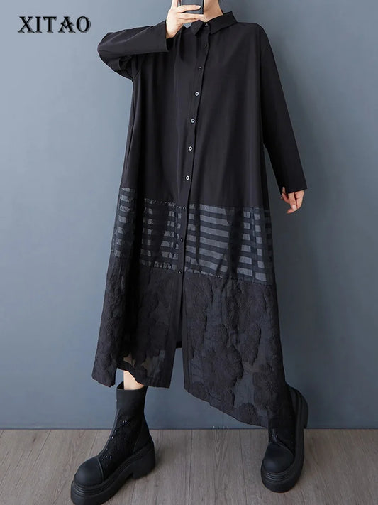 XITAO Striped Patchwork Black Dress Turn-down Collar Single Breasted Full Sleeve Temperament Slimming All-match Dress ZY8947