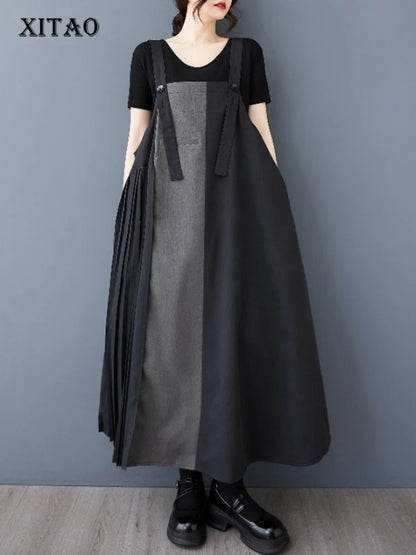 XITAO Pleated Patchwork Button Dress Sleeveless A-line Hong Kong All Match New Arrival Elegant Spring Women Dress ZMY1174