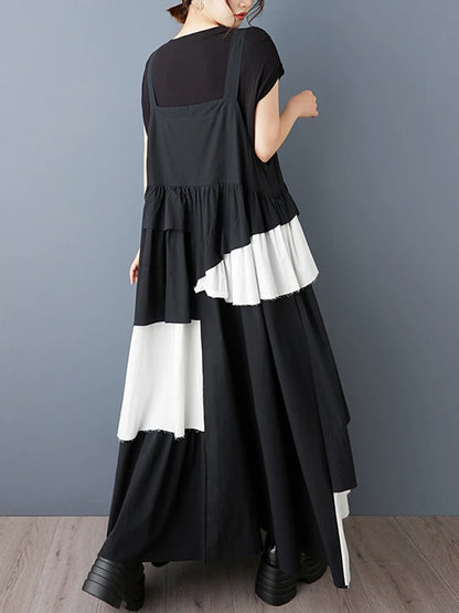 XITAO Asymmetric Patchwork Contrast Color Dress Sleeveless Casual Button Loose Fitting A-line Simple Summer Women Dress GYX1588