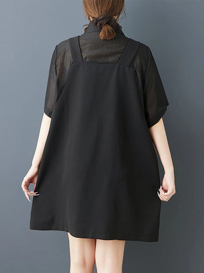 XITAO Pocket Patchwork Solid Color Shirt Dress Collar Short Sleeve Loose Slimming Summer Woman Fake Two Pieces Dress ZMY1298