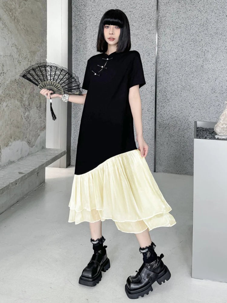 XITAO Gauze Patchwork Contrast Color Stand Collar Dress Single Breasted Pullover Loose Temperament Mid-calf Sweet Dress GYX1584