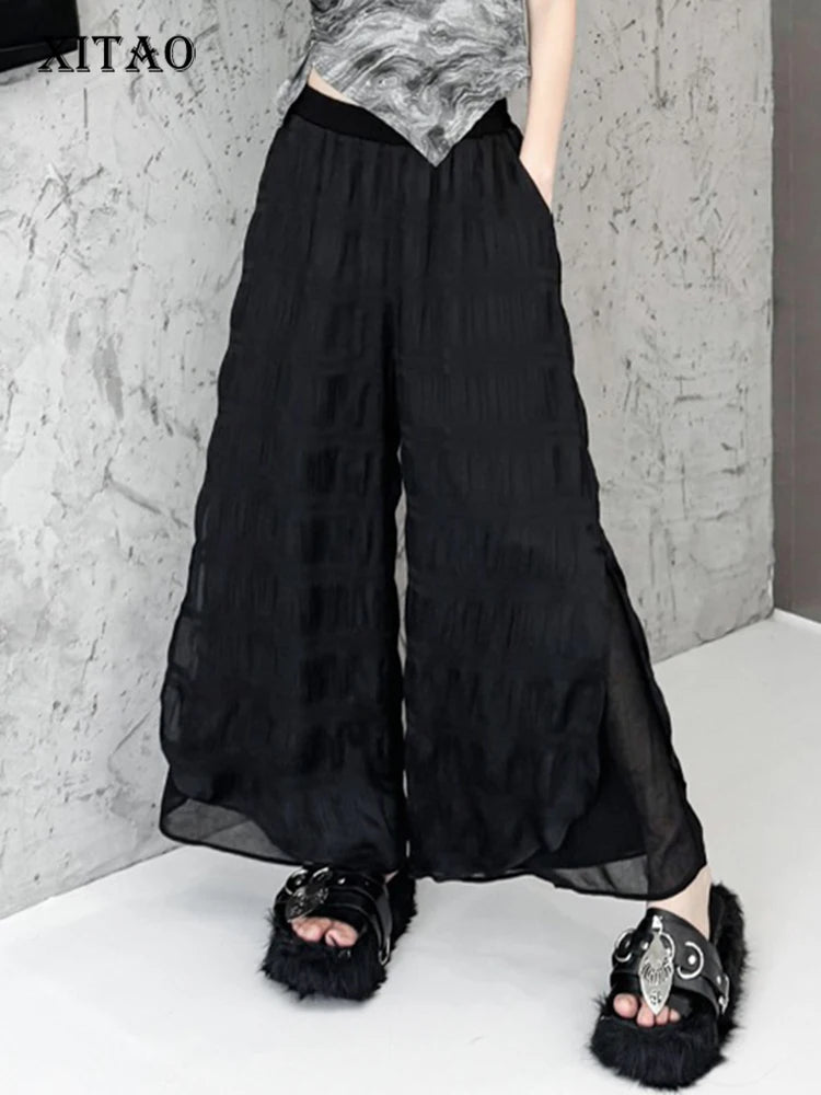 XITAO Pleated Elastic Waist Pant Casual Loose Fitting Solid Color Simple Wide Leg New Arrival Summer Women Pant ZMY1075