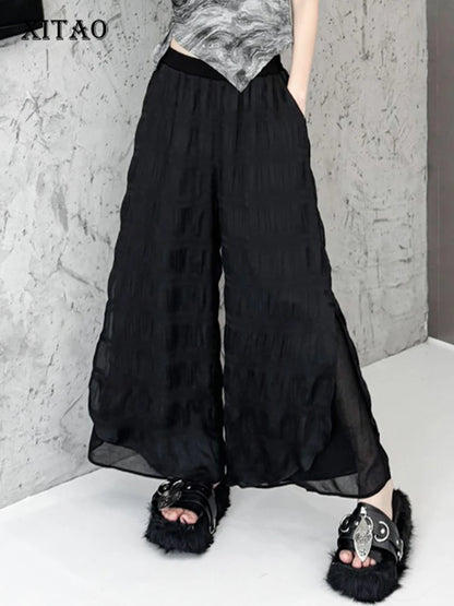 XITAO Pleated Elastic Waist Pant Casual Loose Fitting Solid Color Simple Wide Leg New Arrival Summer Women Pant ZMY1075