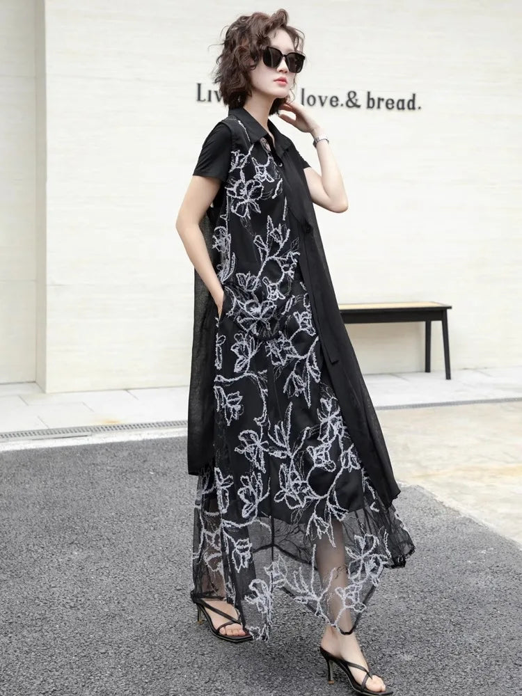 XITAO Asymmetrical Pocket Embroidery Sets Two-piece Turn-down Collar Short Sleeve Gauze Loose Elastic Waist Woman Sets ZMY1291