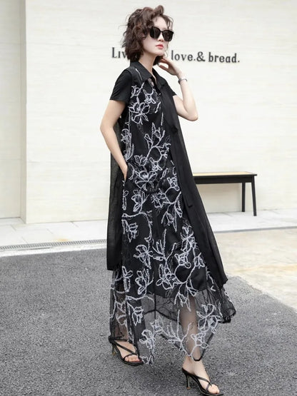 XITAO Asymmetrical Pocket Embroidery Sets Two-piece Turn-down Collar Short Sleeve Gauze Loose Elastic Waist Woman Sets ZMY1291