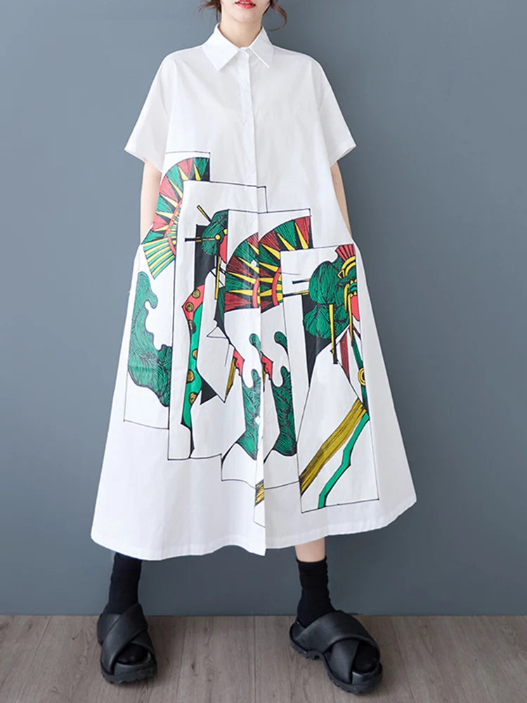 XITAO Patchwork Cartoon Print Dress Single Breasted Casual Short Sleeve Turn-down Collar Sweet New Summer Female Dress GJ1140