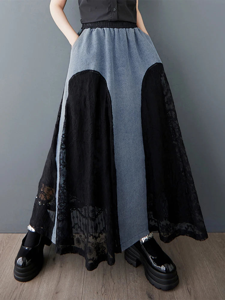 XITAO Lace Patchwork Contrast Color Skirt Pocket Elastic Waist Loose Casual Ankle-Length All Temperament Slimming Skirt HQQ2466