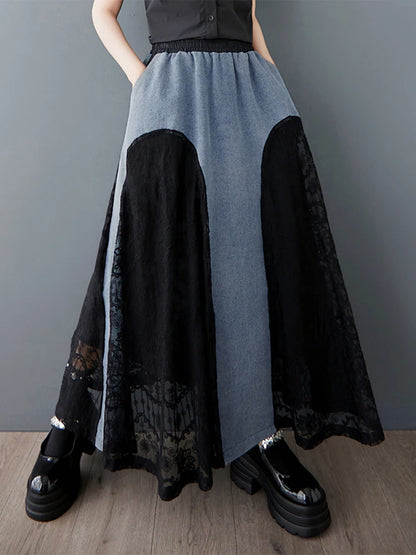 XITAO Lace Patchwork Contrast Color Skirt Pocket Elastic Waist Loose Casual Ankle-Length All Temperament Slimming Skirt HQQ2466