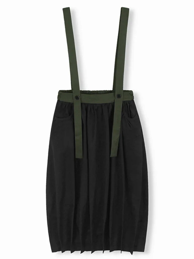 XITAO Contrast Color Fold Suspenders Skirt Pocket Patchwork Elastic Waist Loose Slimming All Match Casual Mid-calf Skirt GMM1250