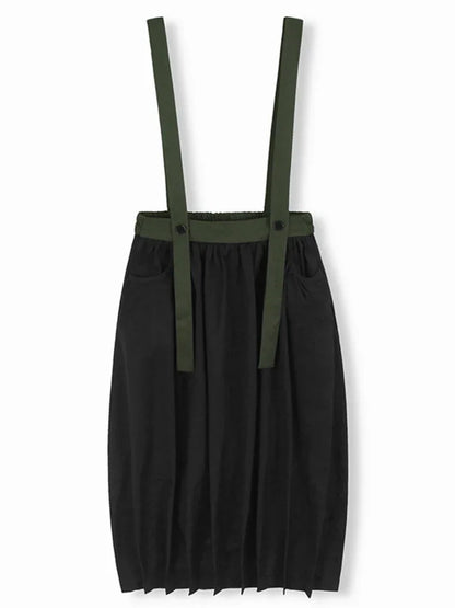 XITAO Contrast Color Fold Suspenders Skirt Pocket Patchwork Elastic Waist Loose Slimming All Match Casual Mid-calf Skirt GMM1250