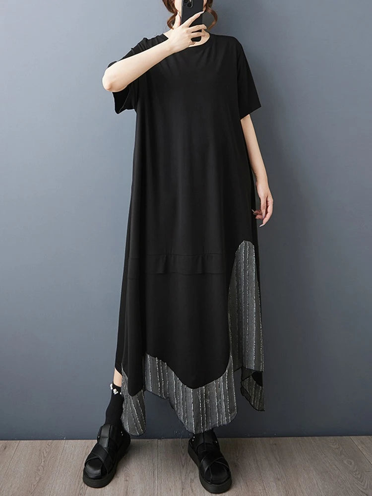 XITAO Patchwork Asymmetrical Black Dress Loose Casual Slimming Temperament O-neck Simple Short Sleeve Summer Woman Dress ZMY1385