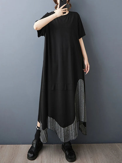 XITAO Patchwork Asymmetrical Black Dress Loose Casual Slimming Temperament O-neck Simple Short Sleeve Summer Woman Dress ZMY1385