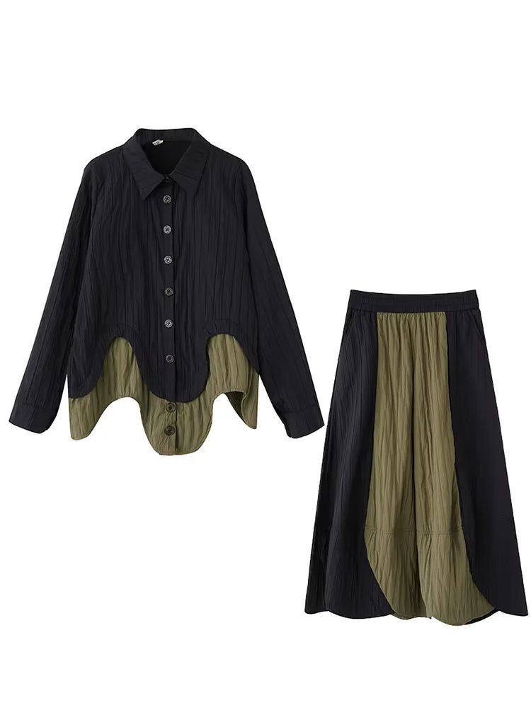 XITAO Patchwork Single Breasted Women Set Casual Turn-down Collar Full Sleeve Vintage Elegant A-line Spring Female Set GYX1537