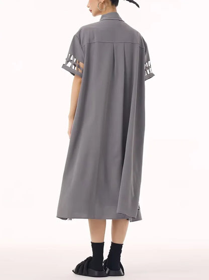 XITAO Hollow Out Patchwork Gauze Short Sleeve Dress Solid Color Turn-down Collar Loose Casual Mid-calf Slimming Dress GYX1621