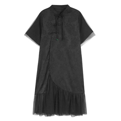 XITAO Mesh Patchwork Stand Collar Dress Casual New Chinese Style Asymmetrical A-line All Match Summer Women Dress ZMY1203