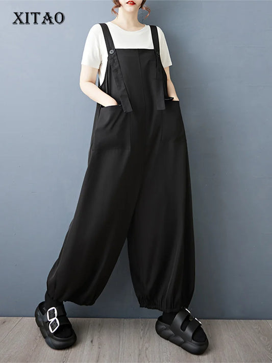 XITAO Pocket Solid Color Loose Jumpsuits Sleeveless Personality Temperament Slimming Summer Woman Straps Jumpsuits ZMY1315