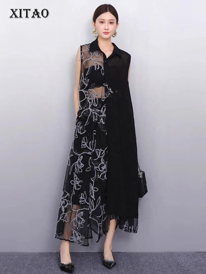 XITAO Irregular Embroidery Patchwork Sets Sleeveless Gauze Loose Casual Temperament Slimming Summer Woman Skirt Sets ZMY1300