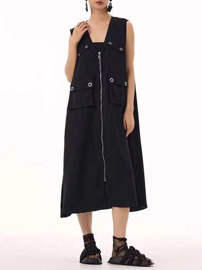 XITAO Sleeveless V-neck Zipper Dress Loose Pocket Patchwork Women Summer Casual A-line Temperament Solid Color Dress ZMY1328