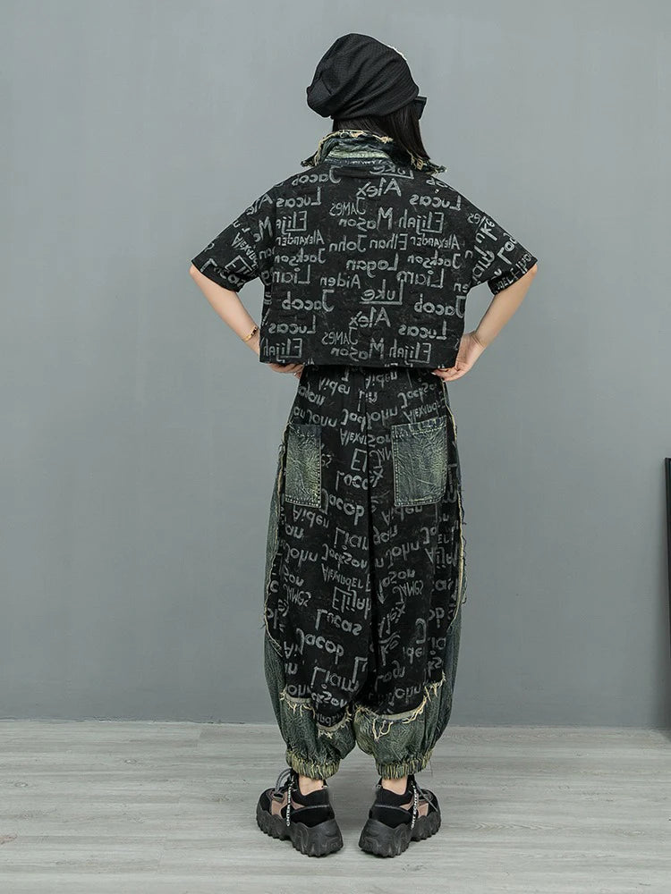 XITAO Letter Print Pocket Patchwork Pant Sets Single Breasted Turn-down Collar Half Sleeve Top Elastic Waist Loose Pant GYX1579