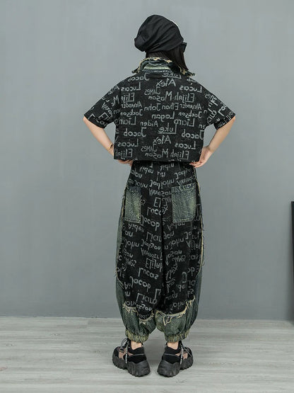 XITAO Letter Print Pocket Patchwork Pant Sets Single Breasted Turn-down Collar Half Sleeve Top Elastic Waist Loose Pant GYX1579