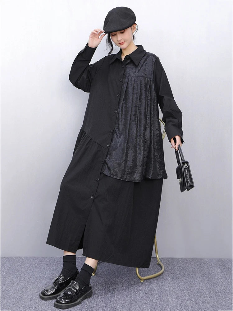 XITAO Patchwork Pleated Lapel Women Dress Casual Full Sleeve A-line Turn-down Collar Loose Slimming Spring Female Dress GYX1578