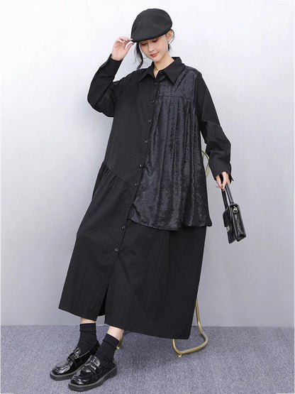 XITAO Patchwork Pleated Lapel Women Dress Casual Full Sleeve A-line Turn-down Collar Loose Slimming Spring Female Dress GYX1578