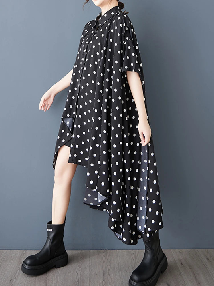 XITAO Polka Dot Irregular Lapel Dress Casual Loose Fitting Turn-down Collar Fashion European Style Summer Women Dress GYX1544