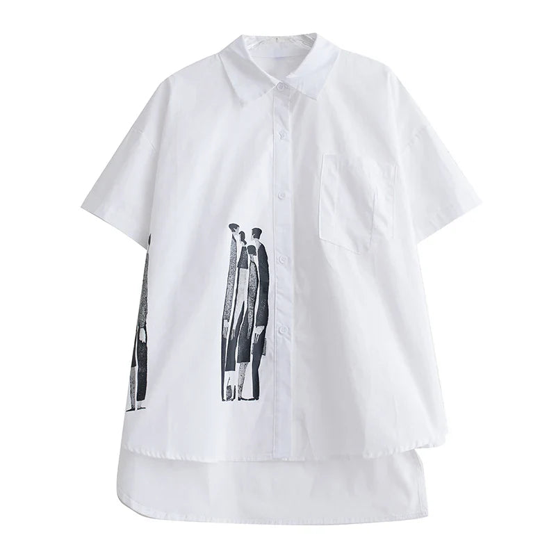 XITAO Solid Color Printed Shirt Turn Down Collar Short Sleeved Simplicity Loose Splicing Spring Fashion Women New Top LYD1796