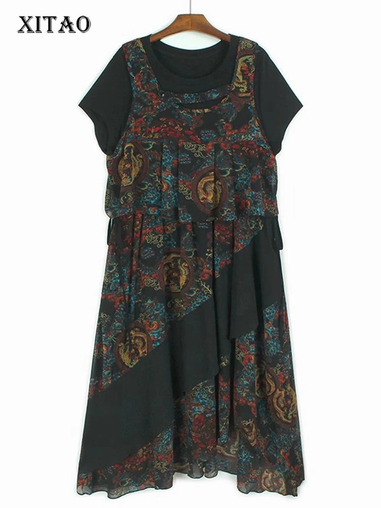 XITAO Sleeveless Vest Print Asymmetrical Dress Pieces Dress O-neck Pullover Patchwork Loose Pocket Slimming Casual Dress GYX1563
