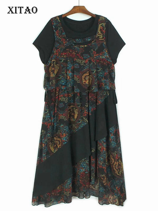 XITAO Sleeveless Vest Print Asymmetrical Dress Pieces Dress O-neck Pullover Patchwork Loose Pocket Slimming Casual Dress GYX1563