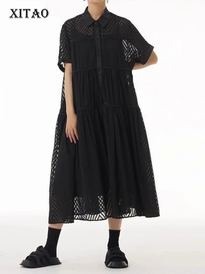 XITAO A-line Patchwork Loose Female Dress Solid Color Hollow Out Turn-down Collar New Arrival Woman Summer Dress ZMY1260