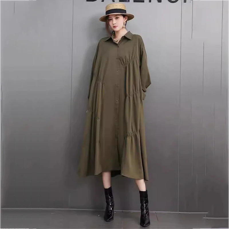 XITAO Pleated Lapel Single Breasted Dress Casual Loose Solid Color Full Sleeve Turn-down Collar Spring Women Dress GYX1582