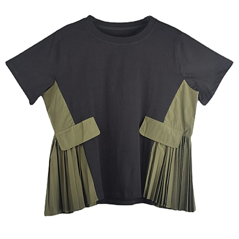 XITAO Pleated Patchwork T-shirt Loose Casual Contrast Color Fashion Simplicity Spring Summer New Women T-shirt Top GJ1005