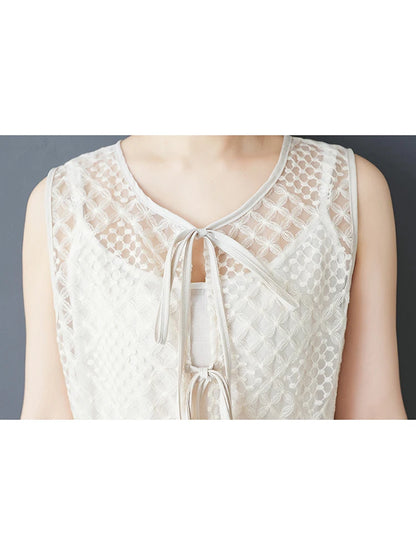 XITAO Lace Drawstring Hollow Out Dress Patchwork Solid Color Loose Sleeveless O-neck Casual Slimming Summer Woman Dress ZMY1312