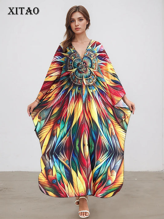XITAO Contrast Color V-neck Vintage Dress Bat Wing Sleeve Temperament Summer Woman Loose Pullover Ankle-length Dress GJ1200