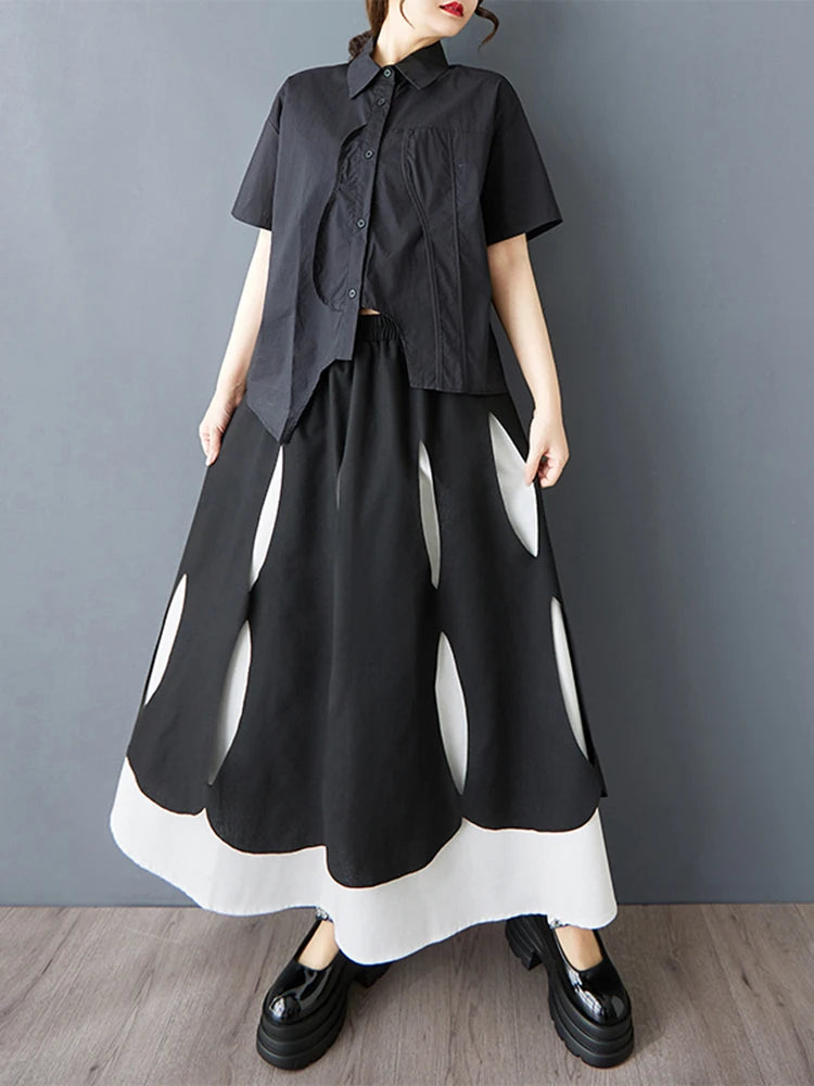 XITAO Patchwork Elastic Waist Female Skirt Casual A-line Loose Hollow Out Fitting Korea Mid-calf Spring Women Skirt GYX1550