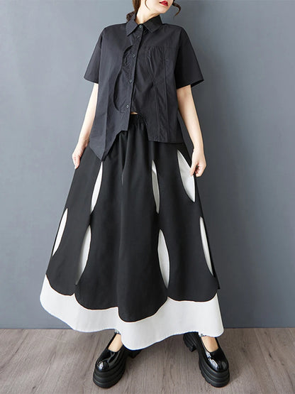 XITAO Patchwork Elastic Waist Female Skirt Casual A-line Loose Hollow Out Fitting Korea Mid-calf Spring Women Skirt GYX1550