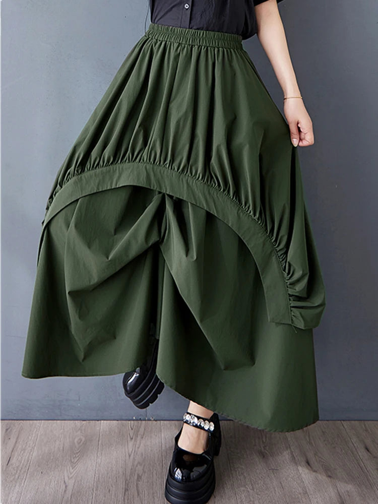 XITAO Irregular Pleated Elastic Waist Skirt Casual Solid Color A-line Loose Fitting Asymmetric New Spring Women Skirt HQQ2455