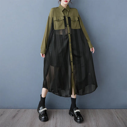 XITAO Patchwork Mesh Full Sleeve Single Breasted Dress Casual Solid Color Temperament A-line Turn-down Collar Dress GYX1567