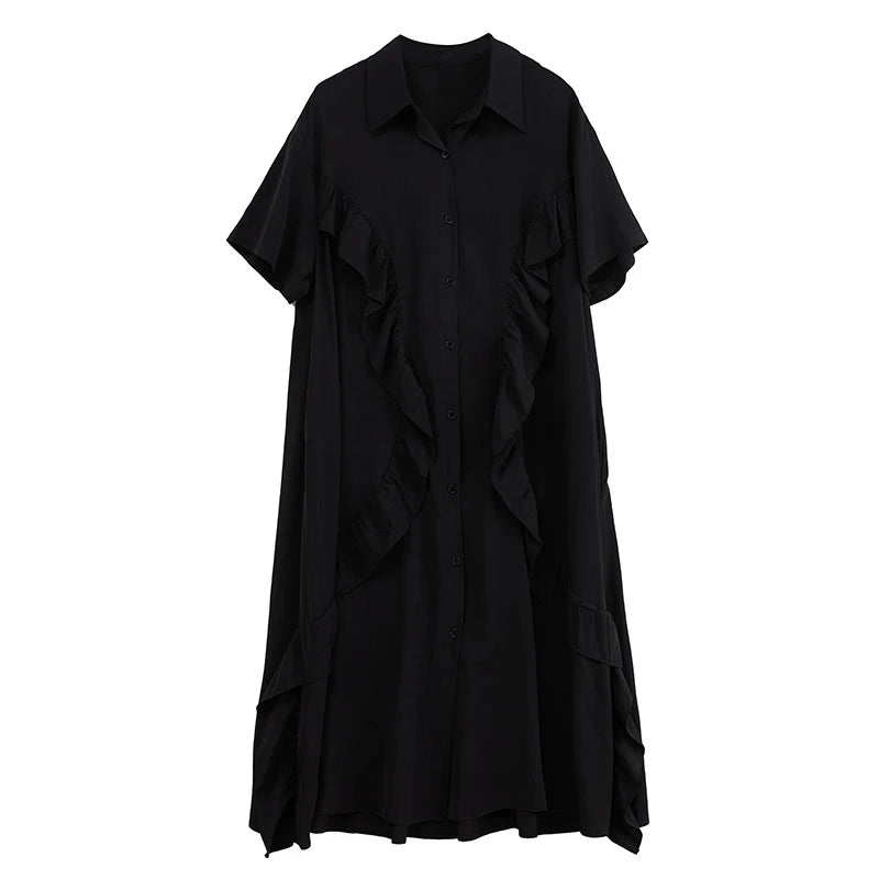 XITAO Irregular Edible Tree Fungus Shirt Dress Solid Color Loose Slimming Single Breasted Women Casual A-line Dress GYX1637