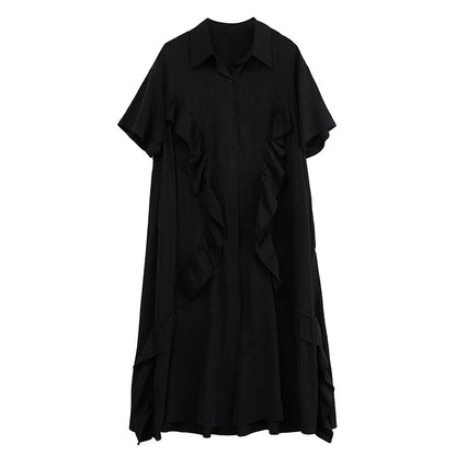 XITAO Irregular Edible Tree Fungus Shirt Dress Solid Color Loose Slimming Single Breasted Women Casual A-line Dress GYX1637
