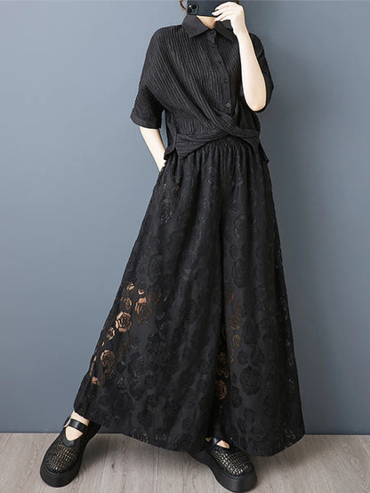 XITAO Mesh Pleated Elastic Waist Pant Casual Solid Color Loose Fitting New Arrival Wide Leg Slimming Summer Women Pant ZMY1232