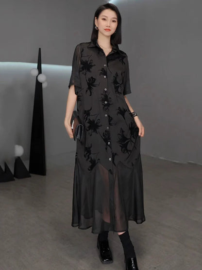 XITAO Vintage Patchwork Mesh Dress Loose Slimming A-line Women Summer Casual Single Breasted Temperament Shirt Dress ZMY1247