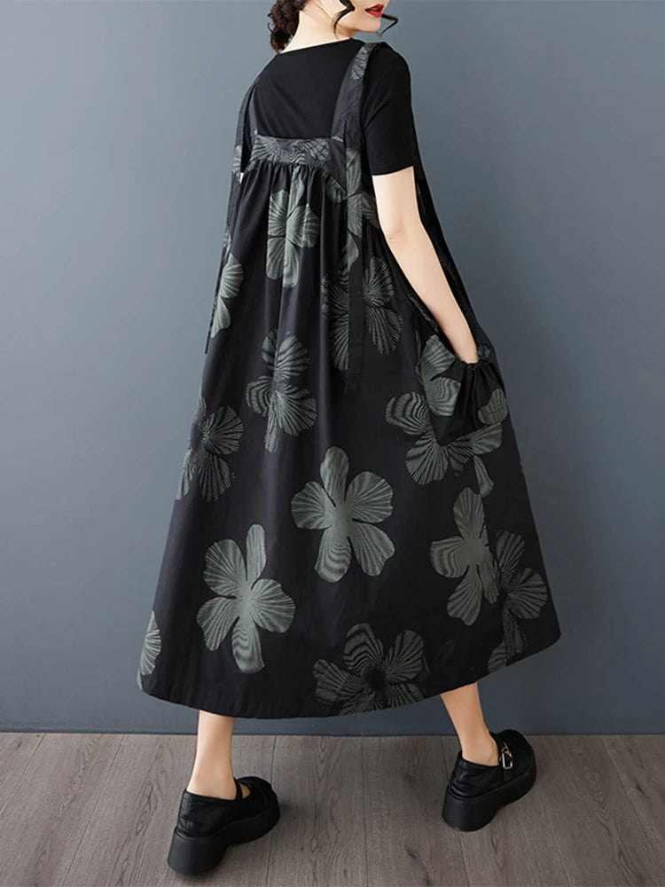 XITAO Print Straps Fold Flower A-line Dress Casual Sleeveless Mid-calf Square Neck Loose Simple Summer Women Dress GMM1327